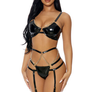 Ensemble 3 pièces à jarretelles en faux cuir - J Lingerie
